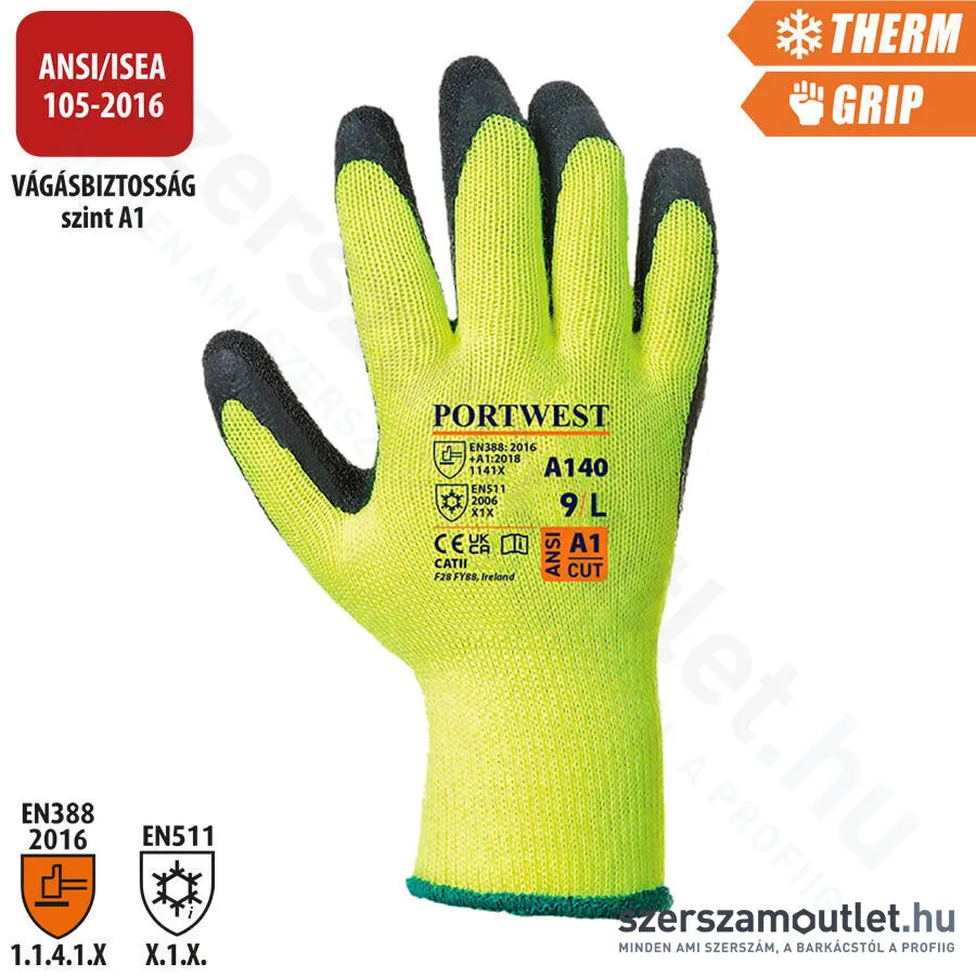 PORTWEST A140 Thermal latex mártott kesztyű (Citrom/Fekete) (A140BKR)