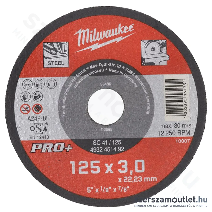 MILWAUKEE SC41 PRO+ Vágókorong fémhez, egyenes 125x22,2x3mm (4932451492)