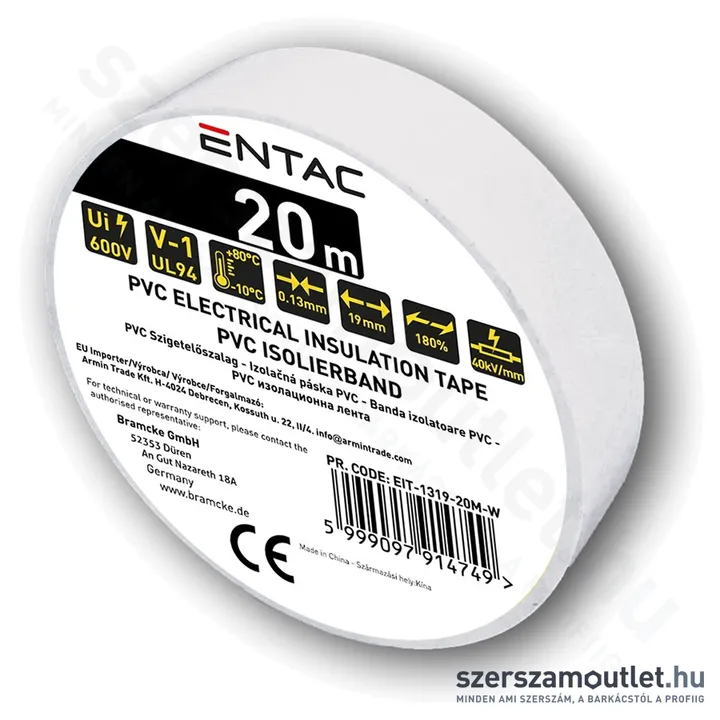 ENTAC Szigetelőszalag 0,13x19mm/20m (Fehér) (EIT-1319-20M-W)