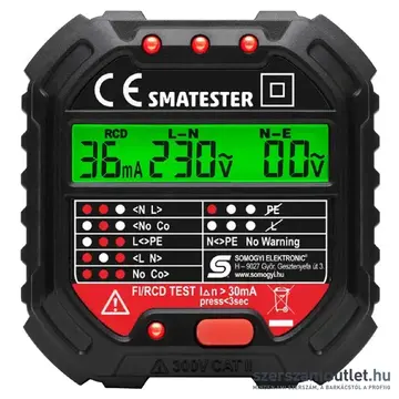 SOMOGYI Home Konnektor teszter, LED, Vmérő, L-N/N-E/RCDmA/Fi/RCD relé ellenőrző, elem nélküli, 250V
