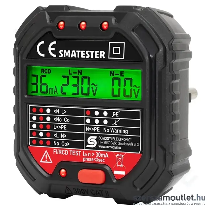 SOMOGYI Home Konnektor teszter, LED, Vmérő, L-N/N-E/RCDmA/Fi/RCD relé ellenőrző, elem nélküli, 250V