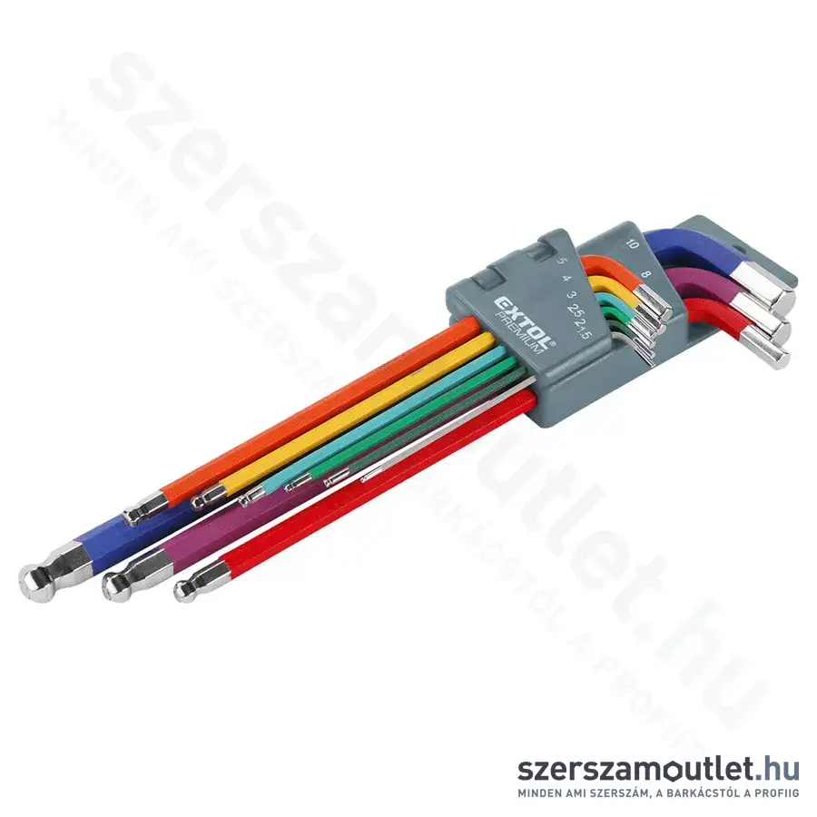 EXTOL Imbuszkulcs készlet, több színű, extra hosszú, gömbfejű 9 részes (1,5-10mm)